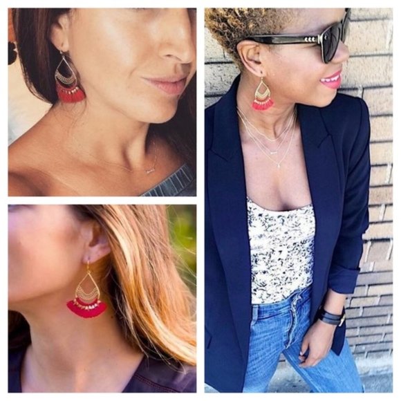 Stella & Dot | Roman [RED] + Gold Beaded  Fringe Chandeliers Earrings - Picture 7 of 13